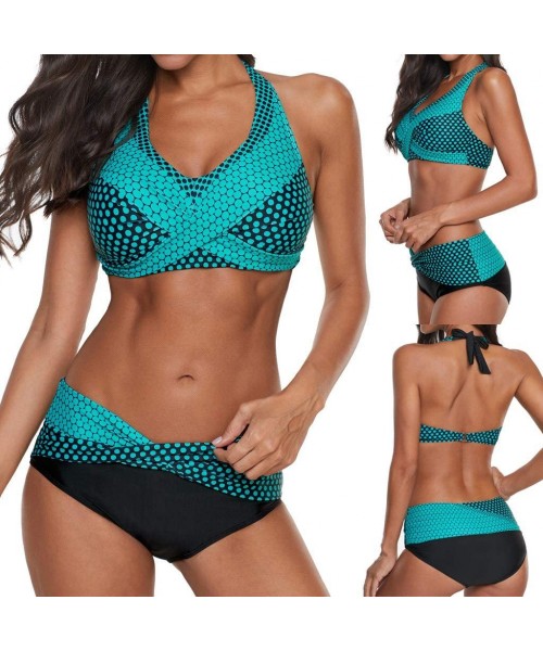 Sets Women Polka Print Tankini Bathing Suit Push-up Boho Beach Swimsuit Bikini Swimwear Plus Size Beachwear - Green - CU190EK...