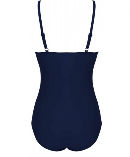 One-Pieces Women One Piece Swinsuit Tummy Control Bathing Suit Retro Elegant Swimwear Bikini - Navy Blue - C4180KRS53Z