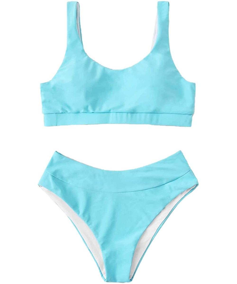 Sets Women's Swimwear Set Solid Scoop Neck High Waisted Bikini Swimsuits - Blue-4 - C3197ZR4HCI