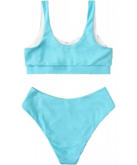 Sets Women's Swimwear Set Solid Scoop Neck High Waisted Bikini Swimsuits - Blue-4 - C3197ZR4HCI