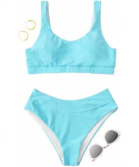 Sets Women's Swimwear Set Solid Scoop Neck High Waisted Bikini Swimsuits - Blue-4 - C3197ZR4HCI