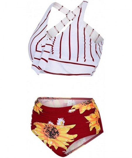 Sets Women's Striped Sunflower Print Push-Up Padded Plus Size Overlay Bikini Swimsuit Beachwear - E Red - CN190L2ZCY5