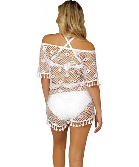 Cover-Ups Mesh Romper Cover Up Drawstring Jumpsuit Bathing Suit Crochet Beachwear Fringe Trim - Trim White - CN18Y67Q5A2