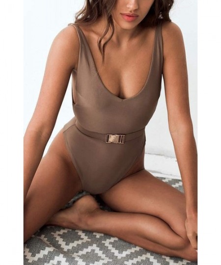 One-Pieces Sexy Womens Monokini Scoop Neck One Piece Backless Cheeky Swimwear Semi Thong Bikini with Belt - Coffee - C118QCURD06