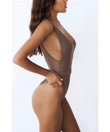 One-Pieces Sexy Womens Monokini Scoop Neck One Piece Backless Cheeky Swimwear Semi Thong Bikini with Belt - Coffee - C118QCURD06