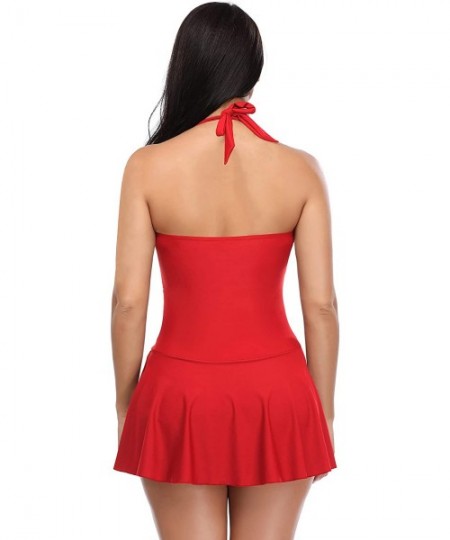 One-Pieces Women's Halter One Piece Skirt Swimsuit Ruched Swimdress Tummy Control Bathing Suit - Rose Red - CI18W2ASUIX