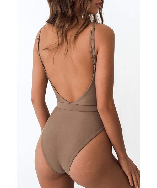 One-Pieces Sexy Womens Monokini Scoop Neck One Piece Backless Cheeky Swimwear Semi Thong Bikini with Belt - Coffee - C118QCURD06