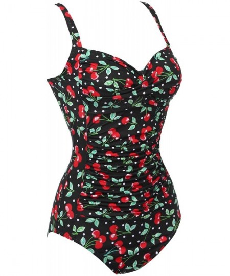 Racing Womens Vintage One Piece Swimsuit Halter Padded Ruched Bathing Suit Floral Painted Swimwear - Black Cherry - CO18GOTEYWU