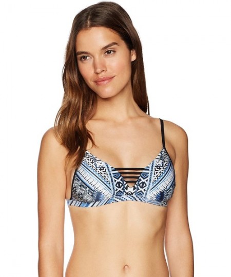 Tops Women's Fixed Triangle Bikini Top Swimsuit with Strappy Details - Desert Tribe Bluestone - CJ187KU569W