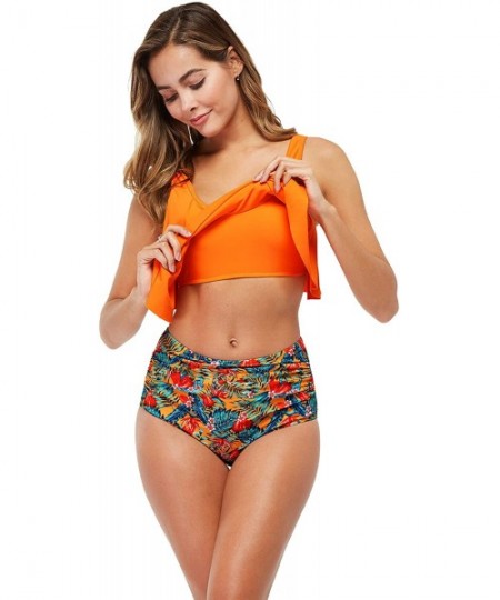 Sets Women's Bathing Suit Swimsuit Ruffled Halter Top with High Waisted Bottom Bikini Set - Orange - CK19775MNIZ