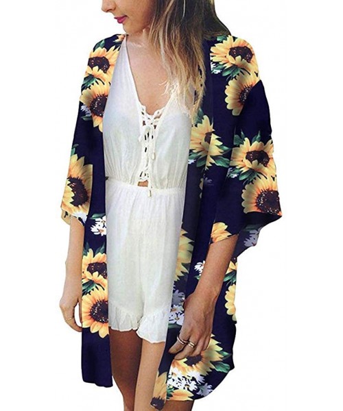 Cover-Ups Women Kimono Beach Tops Sunflower Print Swimwear Cardigan Swimsuit Bikini Cover Up - Navy - CB18WOKMXRM