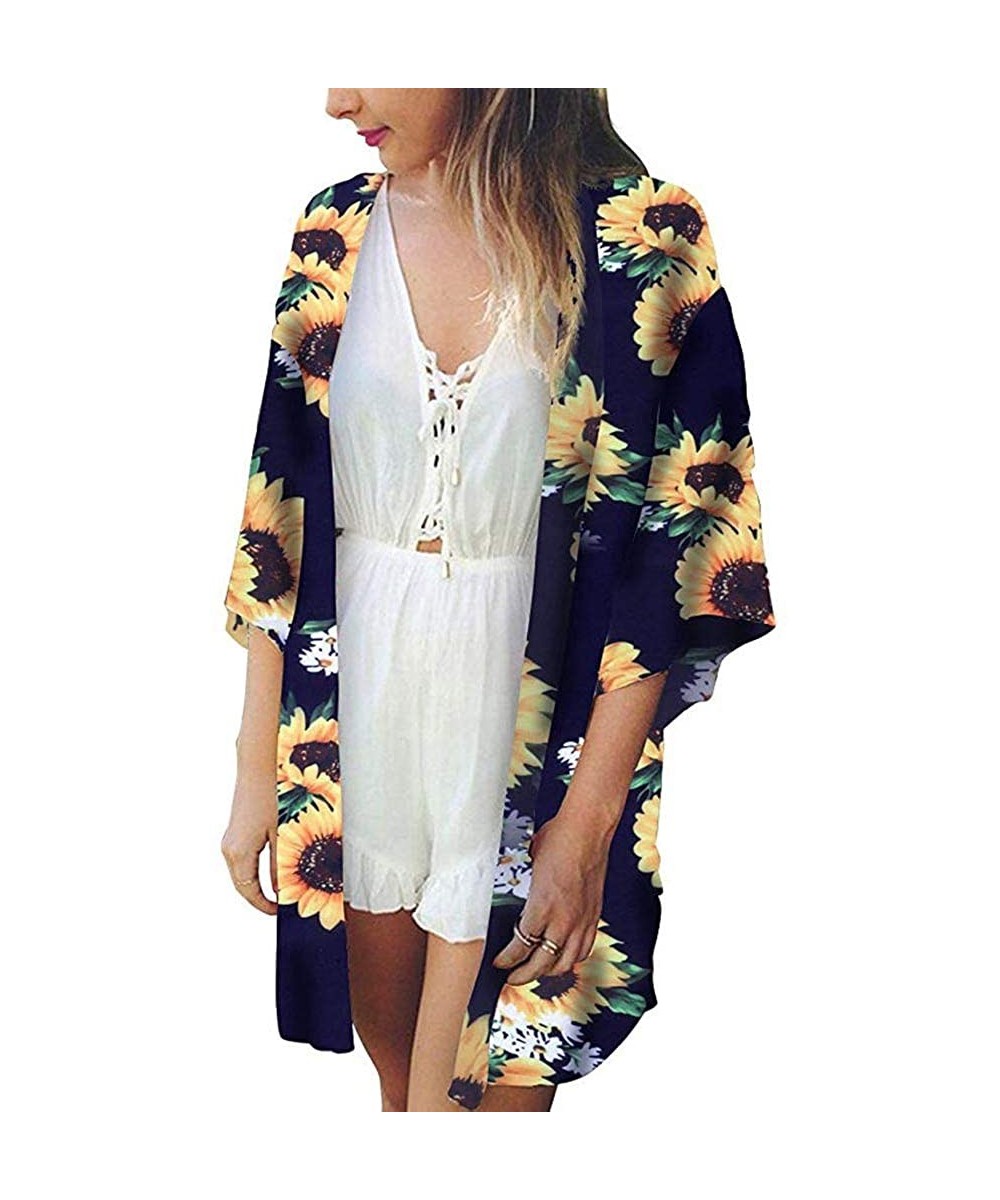 Cover-Ups Women Kimono Beach Tops Sunflower Print Swimwear Cardigan Swimsuit Bikini Cover Up - Navy - CB18WOKMXRM