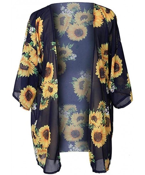 Cover-Ups Women Kimono Beach Tops Sunflower Print Swimwear Cardigan Swimsuit Bikini Cover Up - Navy - CB18WOKMXRM