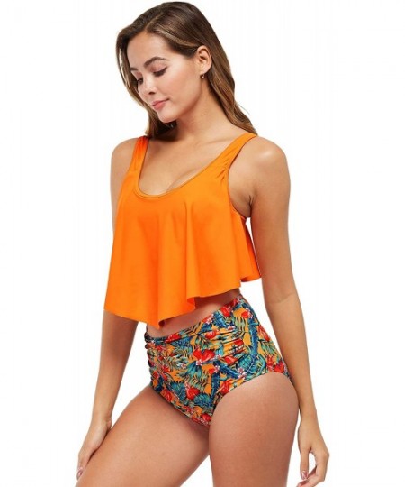 Sets Women's Bathing Suit Swimsuit Ruffled Halter Top with High Waisted Bottom Bikini Set - Orange - CK19775MNIZ