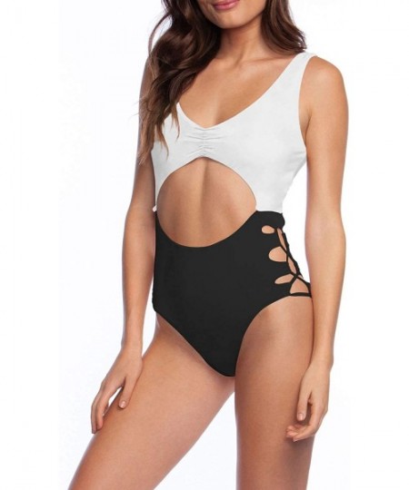 One-Pieces Women's One Piece Cut Out Swimsuit High Cut Bathing Suit Sexy Monokini - White Black - CJ18SZY2ARS