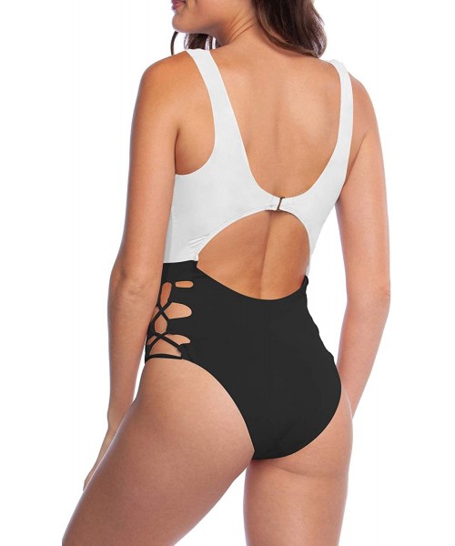 One-Pieces Women's One Piece Cut Out Swimsuit High Cut Bathing Suit Sexy Monokini - White Black - CJ18SZY2ARS