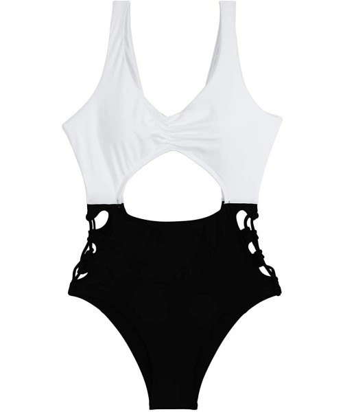 One-Pieces Women's One Piece Cut Out Swimsuit High Cut Bathing Suit Sexy Monokini - White Black - CJ18SZY2ARS