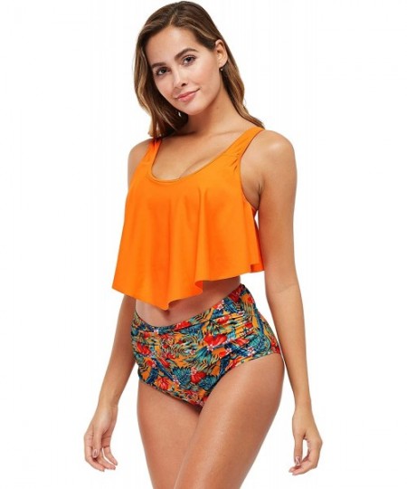 Sets Women's Bathing Suit Swimsuit Ruffled Halter Top with High Waisted Bottom Bikini Set - Orange - CK19775MNIZ