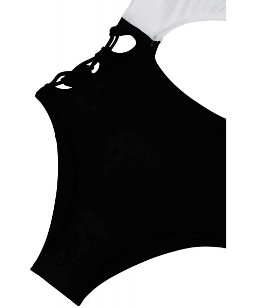 One-Pieces Women's One Piece Cut Out Swimsuit High Cut Bathing Suit Sexy Monokini - White Black - CJ18SZY2ARS