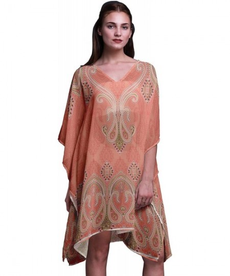 Cover-Ups Green Floral & Paisley Beach Kaftan Bikini Cover up Women Midi Dress Short Caftan - Light Pink Salmon - C318NMG5DAE