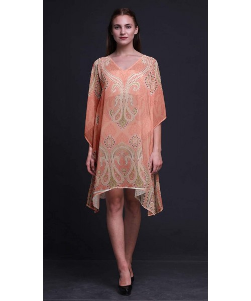 Cover-Ups Green Floral & Paisley Beach Kaftan Bikini Cover up Women Midi Dress Short Caftan - Light Pink Salmon - C318NMG5DAE