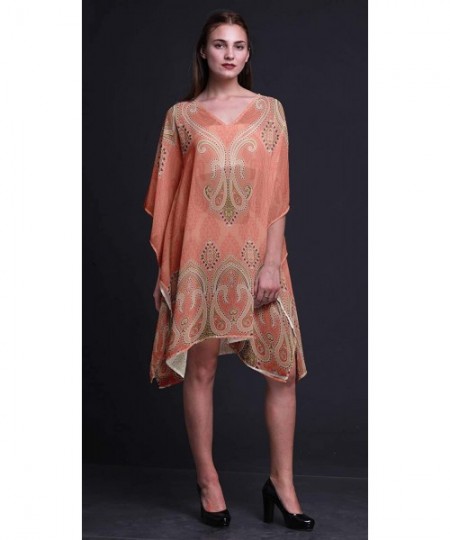 Cover-Ups Green Floral & Paisley Beach Kaftan Bikini Cover up Women Midi Dress Short Caftan - Light Pink Salmon - C318NMG5DAE