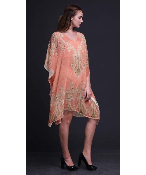 Cover-Ups Green Floral & Paisley Beach Kaftan Bikini Cover up Women Midi Dress Short Caftan - Light Pink Salmon - C318NMG5DAE