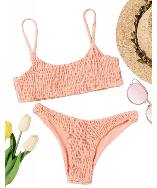 Sets Women's Sexy Bathing Suit Solid Color Halter Shirred Bikini Swimsuit - Apricot - CE1808OUL5A