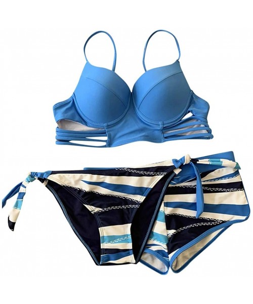 Sets Three Piece Swimsuits for Women Fashion 2020 Summer High Waisted Push Up Bra + Thong + Boyshort Bathing Suits Blue - CP1...