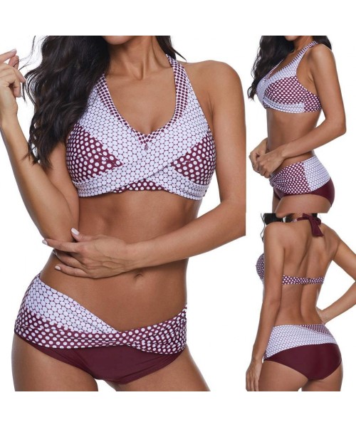 Sets Women Polka Print Tankini Bathing Suit Push-up Boho Beach Swimsuit Bikini Swimwear Plus Size Beachwear - Wine - CY190EG7K7Y