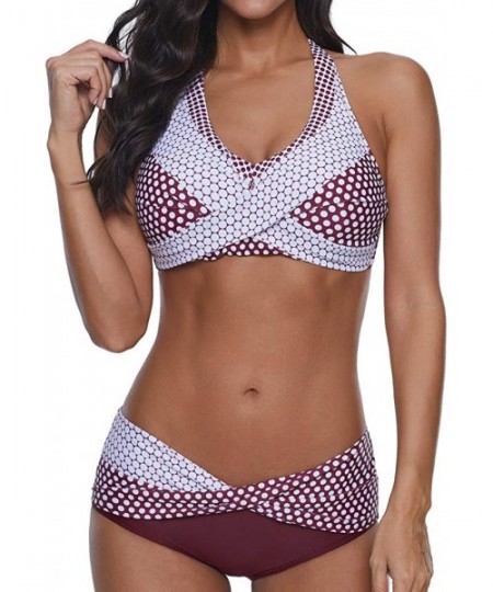 Sets Women Polka Print Tankini Bathing Suit Push-up Boho Beach Swimsuit Bikini Swimwear Plus Size Beachwear - Wine - CY190EG7K7Y