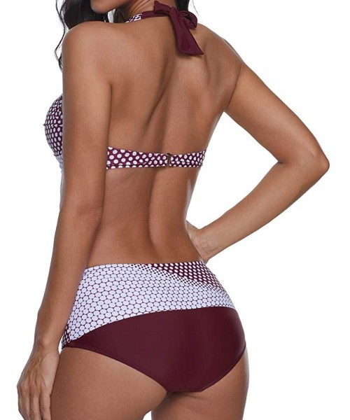 Sets Women Polka Print Tankini Bathing Suit Push-up Boho Beach Swimsuit Bikini Swimwear Plus Size Beachwear - Wine - CY190EG7K7Y