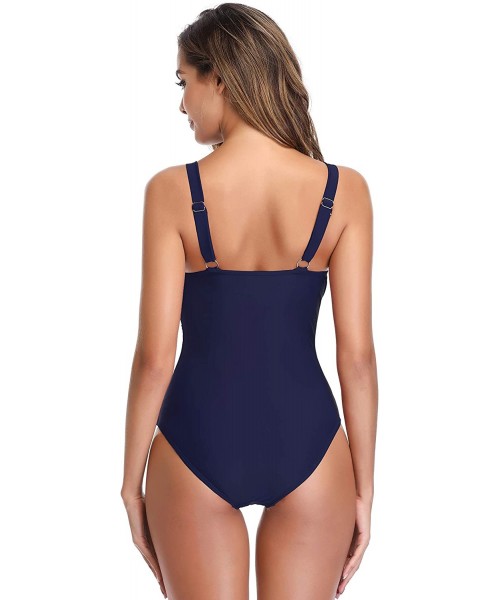 One-Pieces Women's Sexy One Piece Bikini Ruched Swimdress V Neck Swimwear - Deep Blue - CT18R9TT5CR