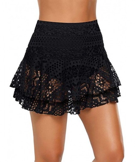 Racing Women's Lace Crochet Skirted Bikini Bottom Swimsuit Short Skort Swim Skirt Bathing Beachwear - Black-2 - CY196OUNIQS