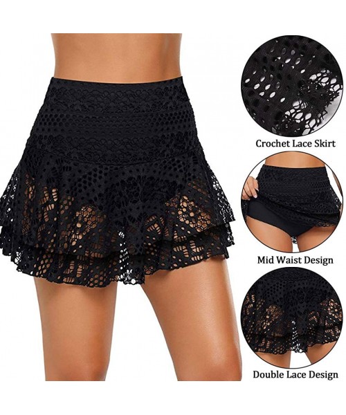 Racing Women's Lace Crochet Skirted Bikini Bottom Swimsuit Short Skort Swim Skirt Bathing Beachwear - Black-2 - CY196OUNIQS