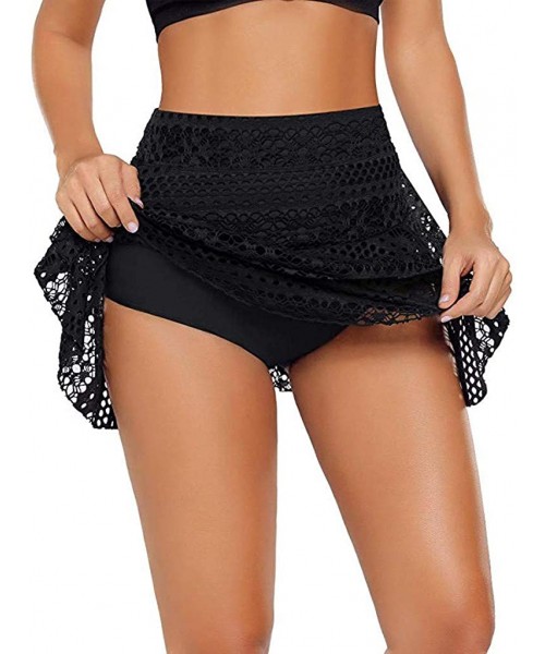 Racing Women's Lace Crochet Skirted Bikini Bottom Swimsuit Short Skort Swim Skirt Bathing Beachwear - Black-2 - CY196OUNIQS