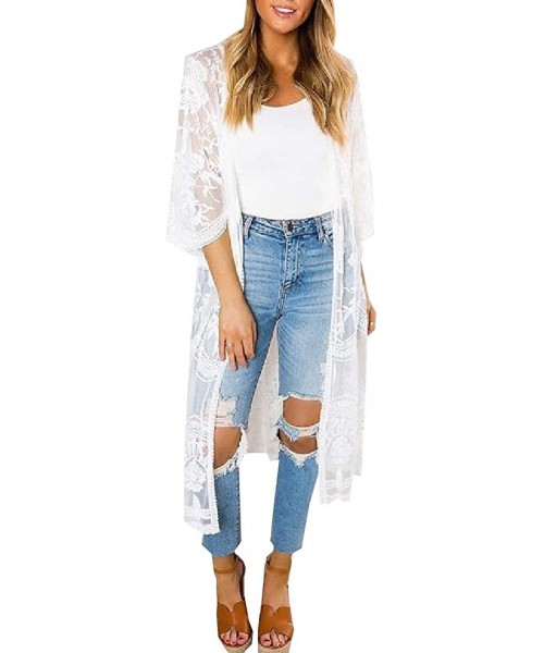 Cover-Ups Women Lace Kimono Floral Crochet Sheer Beach Cover Ups Long Open Lace Cardigan - 1 - CG19C4N83K0