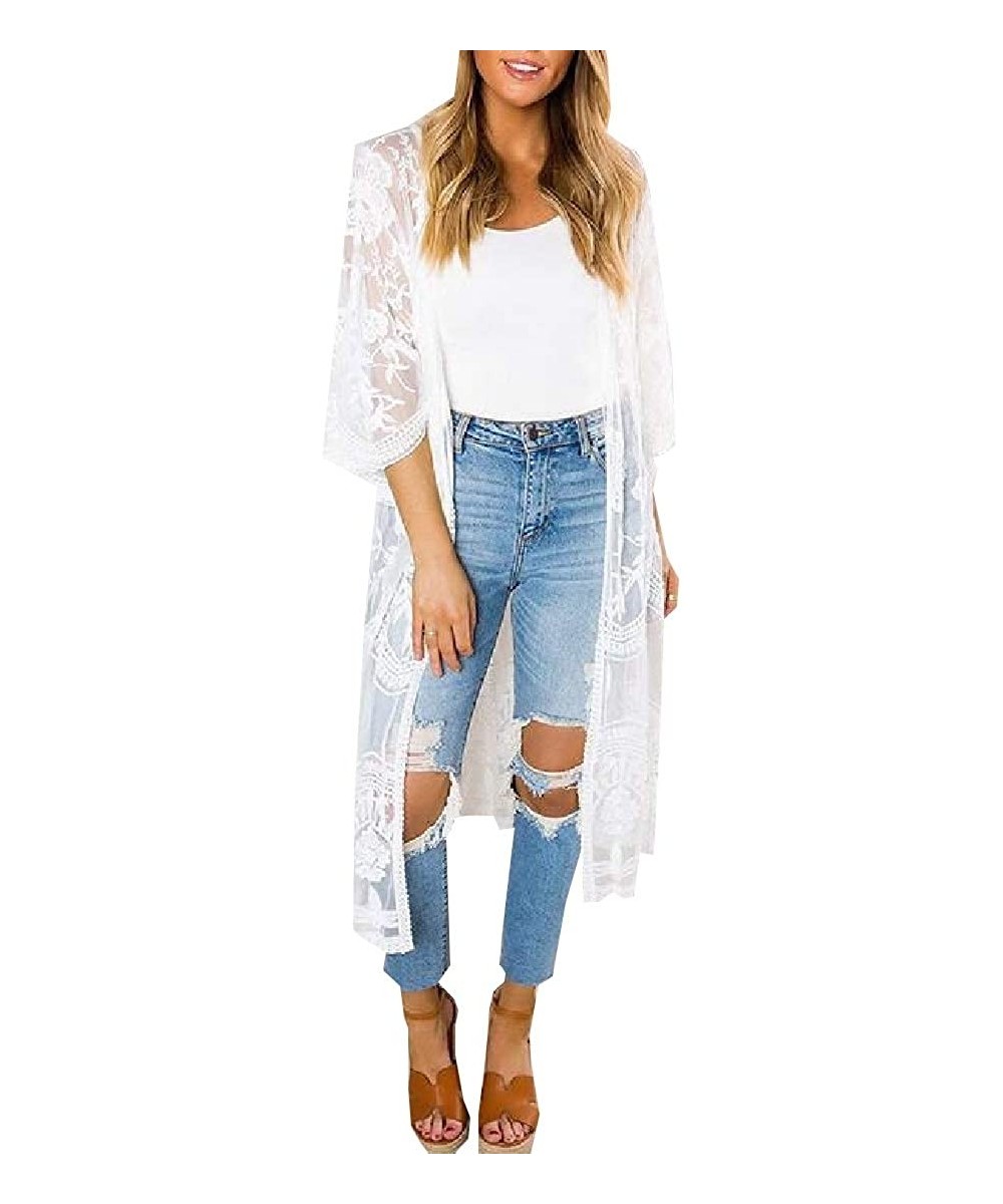 Cover-Ups Women Lace Kimono Floral Crochet Sheer Beach Cover Ups Long Open Lace Cardigan - 1 - CG19C4N83K0