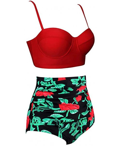 Rash Guards Women's Bikini 2Pc Ruffled Swimsuits Tankini Set - Z-6 Red - CR196Z0QL26