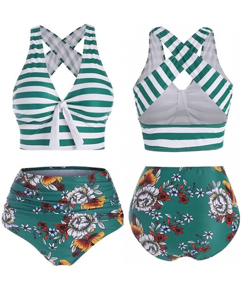 Sets Women Push-Up Padded Plus Size Overlay Sunflower Print Bikini Swimsuit - Green - C71993IOMQK