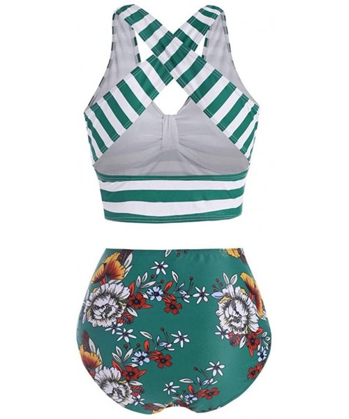 Sets Women Push-Up Padded Plus Size Overlay Sunflower Print Bikini Swimsuit - Green - C71993IOMQK