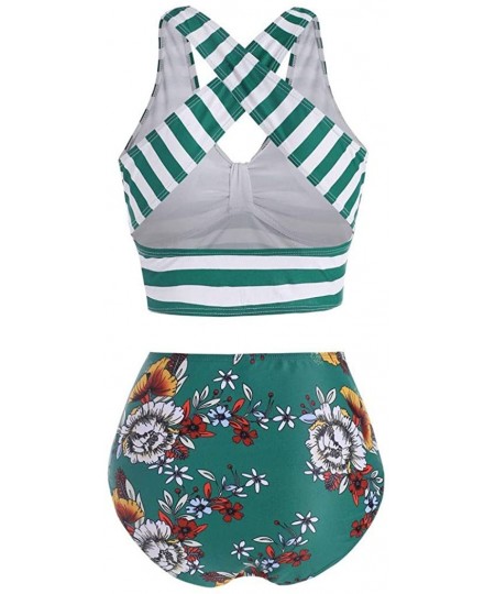 Sets Women Push-Up Padded Plus Size Overlay Sunflower Print Bikini Swimsuit - Green - C71993IOMQK