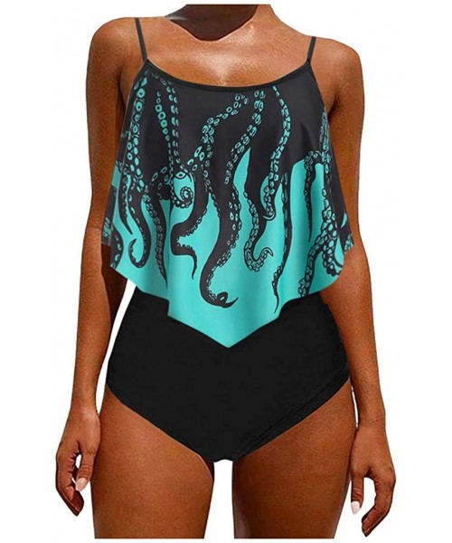 Sets Women Push-Up Two Pieces High Waisted Swimsuits Overlay Octopus Print Ruffled Crisscross Tankini Bikini Set Swimwear - G...