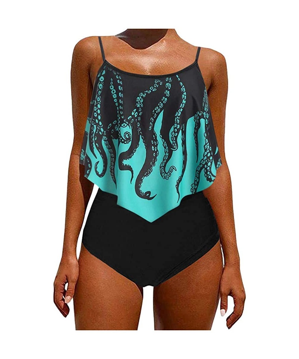 Sets Women Push-Up Two Pieces High Waisted Swimsuits Overlay Octopus Print Ruffled Crisscross Tankini Bikini Set Swimwear - G...