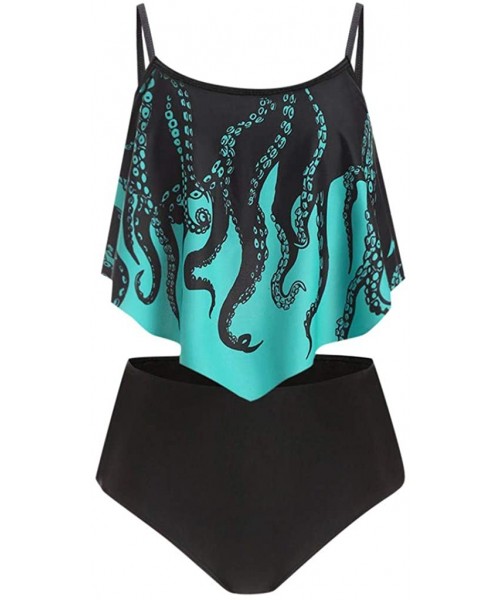 Sets Women Push-Up Two Pieces High Waisted Swimsuits Overlay Octopus Print Ruffled Crisscross Tankini Bikini Set Swimwear - G...