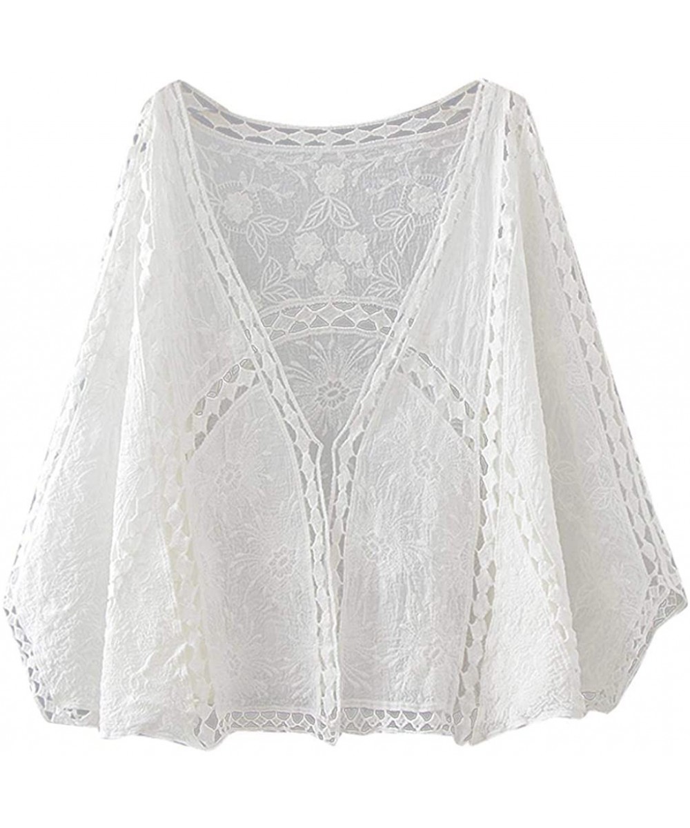 Cover-Ups Women Sunscreen Cardigan Summer Crocheted Hollow Lace 3/4 Sleeve Blouse Beachwear Cover Up - White - CH18SY93AXS