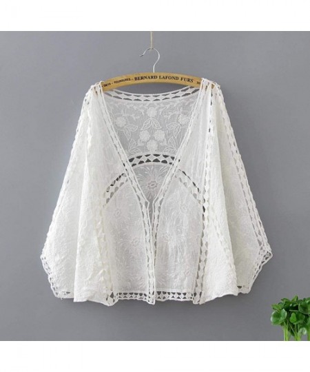 Cover-Ups Women Sunscreen Cardigan Summer Crocheted Hollow Lace 3/4 Sleeve Blouse Beachwear Cover Up - White - CH18SY93AXS