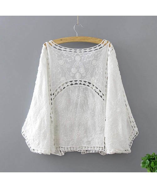 Cover-Ups Women Sunscreen Cardigan Summer Crocheted Hollow Lace 3/4 Sleeve Blouse Beachwear Cover Up - White - CH18SY93AXS