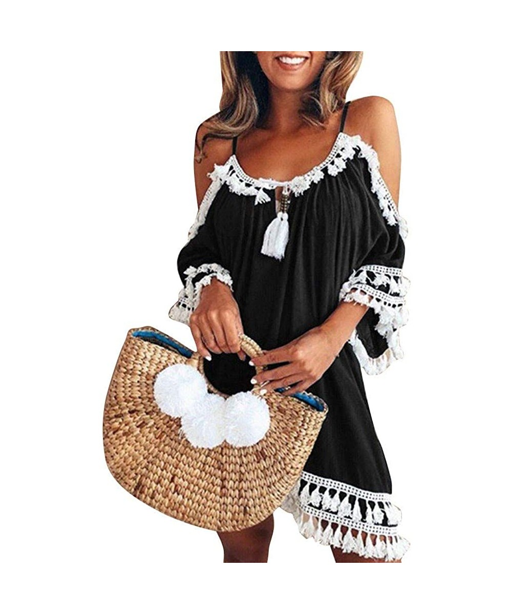 Board Shorts Women Off Shoulder Dress Tassel Short Cocktail Party Beach Dress Sundress - Black - C018SI9HGER