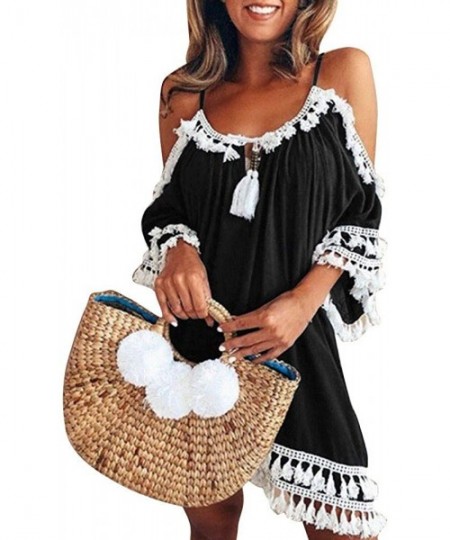 Board Shorts Women Off Shoulder Dress Tassel Short Cocktail Party Beach Dress Sundress - Black - C018SI9HGER